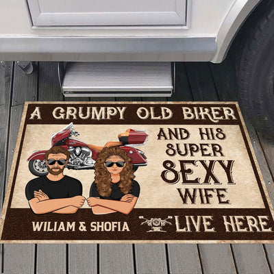A Grumpy Old Biker And His Super Sexy Wife Live Here Motorcycle Personalized Doormat, Personalized Gift for Motorcycle Lovers, Motorcycle Riders - DM027PS05 - BMGifts