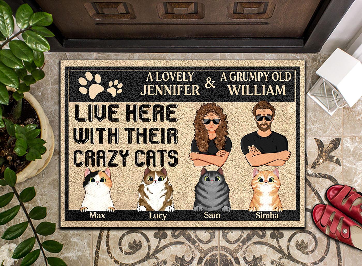 A Lovely And A Grumpy Old Live Here With Their Crazy Cats Personalized Doormat, Personalized Gift for Cat Lovers, Cat Mom, Cat Dad - DM009PS05 - BMGifts