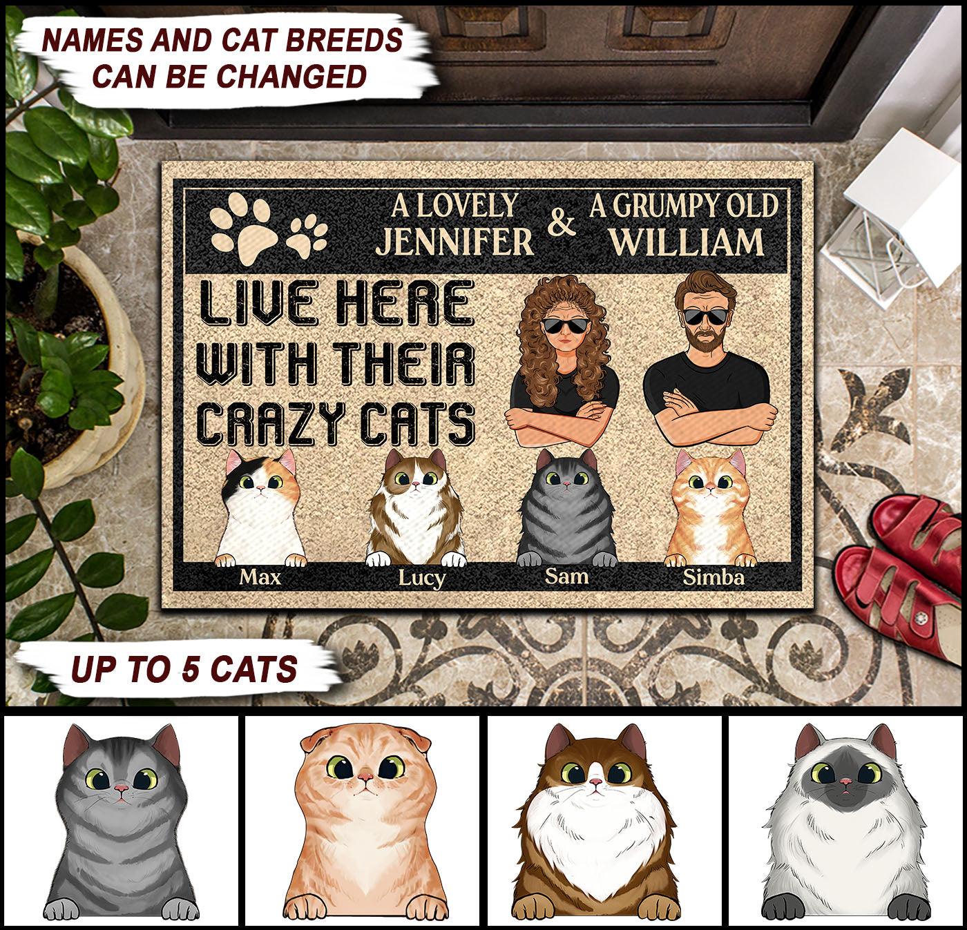 A Lovely And A Grumpy Old Live Here With Their Crazy Cats Personalized Doormat, Personalized Gift for Cat Lovers, Cat Mom, Cat Dad - DM009PS05 - BMGifts