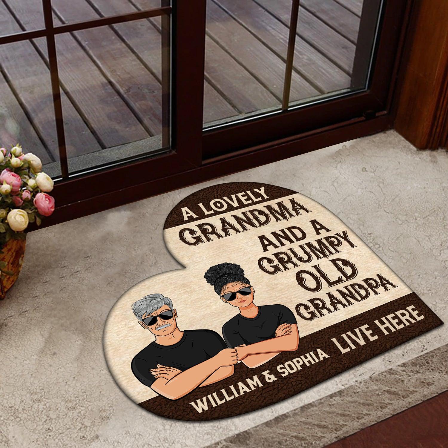 A Lovely Grandma And A Grumpy Old Grandpa Live Here Personalized Custom Shaped Doormat, Personalized Gift for Nana, Grandma, Grandmother, Grandparents - CD017PS05 - BMGifts