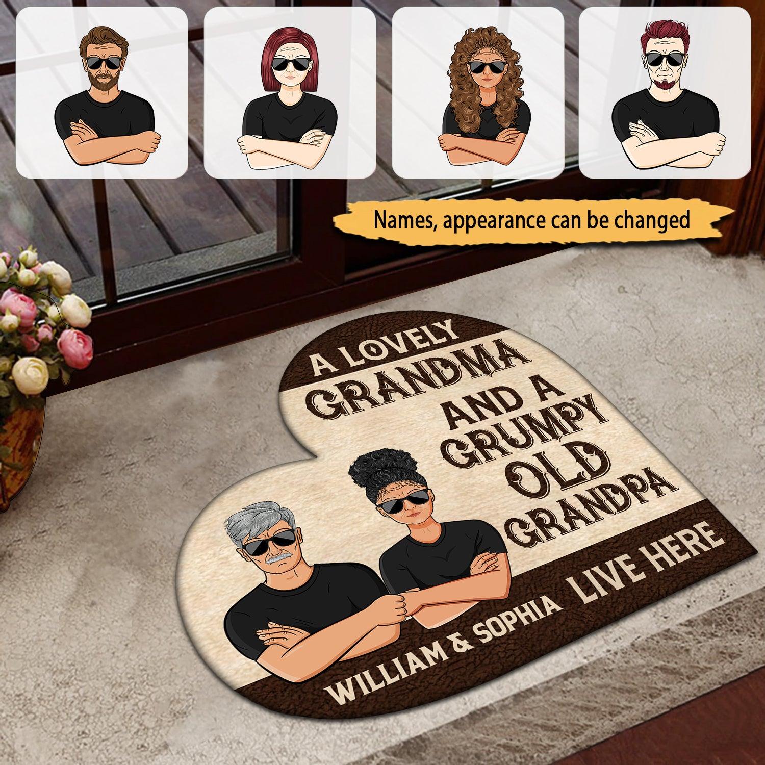 A Lovely Grandma And A Grumpy Old Grandpa Live Here Personalized Custom Shaped Doormat, Personalized Gift for Nana, Grandma, Grandmother, Grandparents - CD017PS05 - BMGifts
