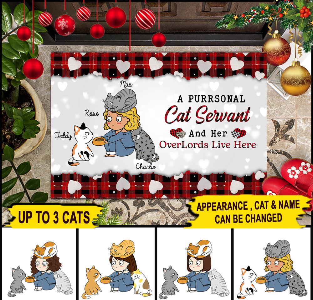 A Purrsonal Cat Servant And Her Overlords Live Here Personalized Doormat, Personalized Gift for Cat Lovers, Cat Mom, Cat Dad - DM002PS02 - BMGifts