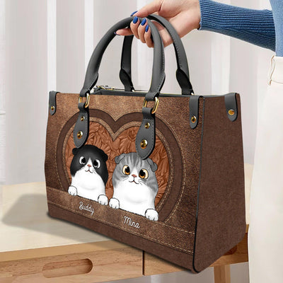 Big Heart Shape Cat Personalized Leather Handbag, Personalized Gift for Cat Lovers, Cat Mom, Cat Dad - LD106PS02 - BMGifts