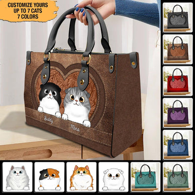 Big Heart Shape Cat Personalized Leather Handbag, Personalized Gift for Cat Lovers, Cat Mom, Cat Dad - LD106PS02 - BMGifts