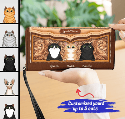 Brown Flowers Background Cat Personalized Clutch Purse, Personalized Gift For Cat Lovers, Cat Dad, Cat Mom - PU004PS12 - BMGifts