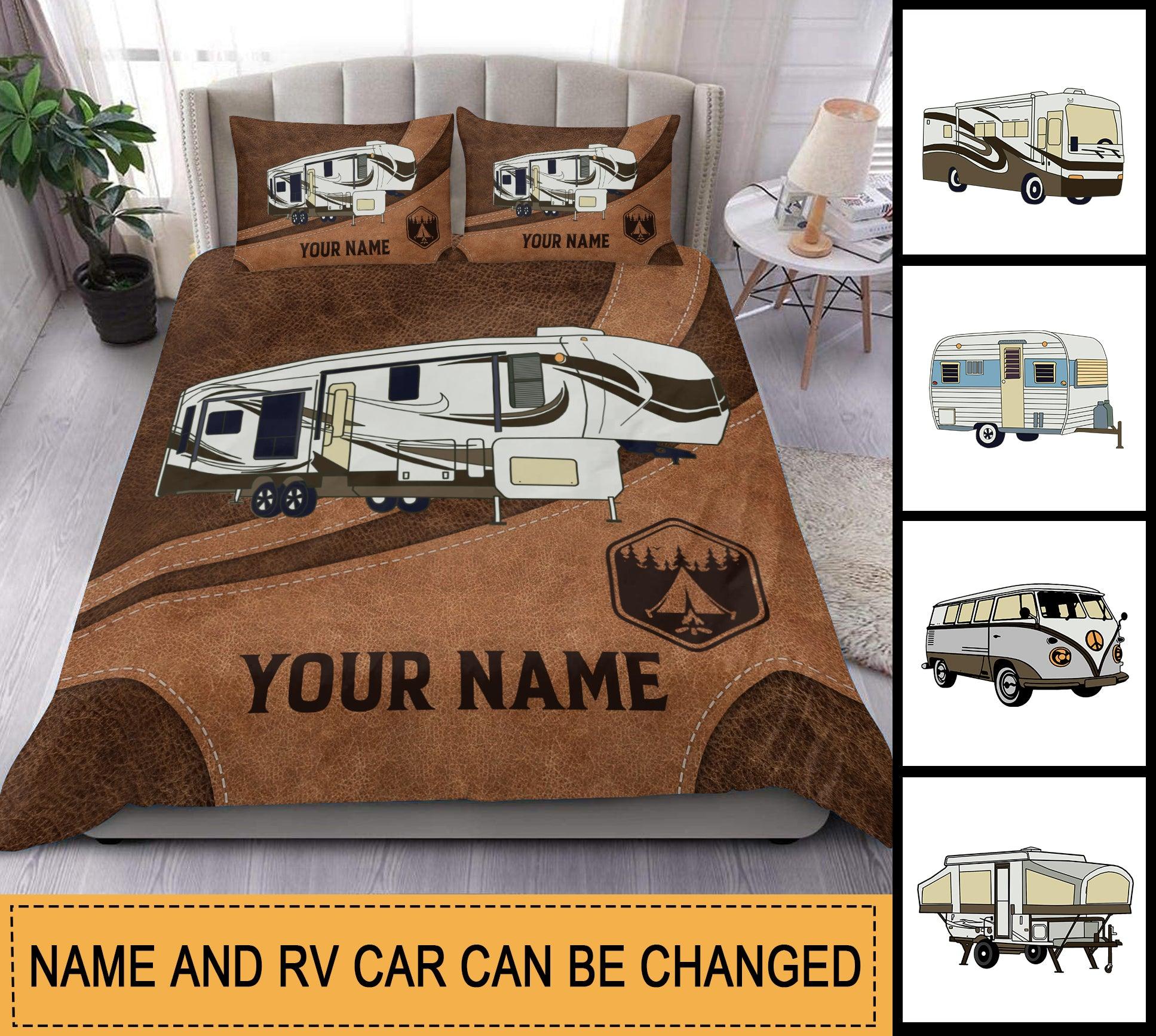 Camping Brown Leather Patterned Personalized Bedding Set, Personalized Gift for Camping Lovers - BD054PS07 - BMGifts (formerly Best Memorial Gifts)