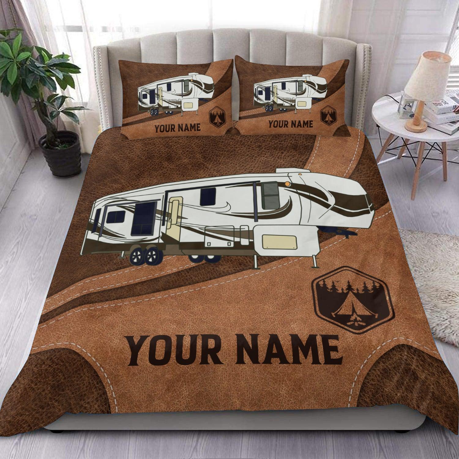 Camping Brown Leather Patterned Personalized Bedding Set, Personalized Gift for Camping Lovers - BD054PS07 - BMGifts (formerly Best Memorial Gifts)