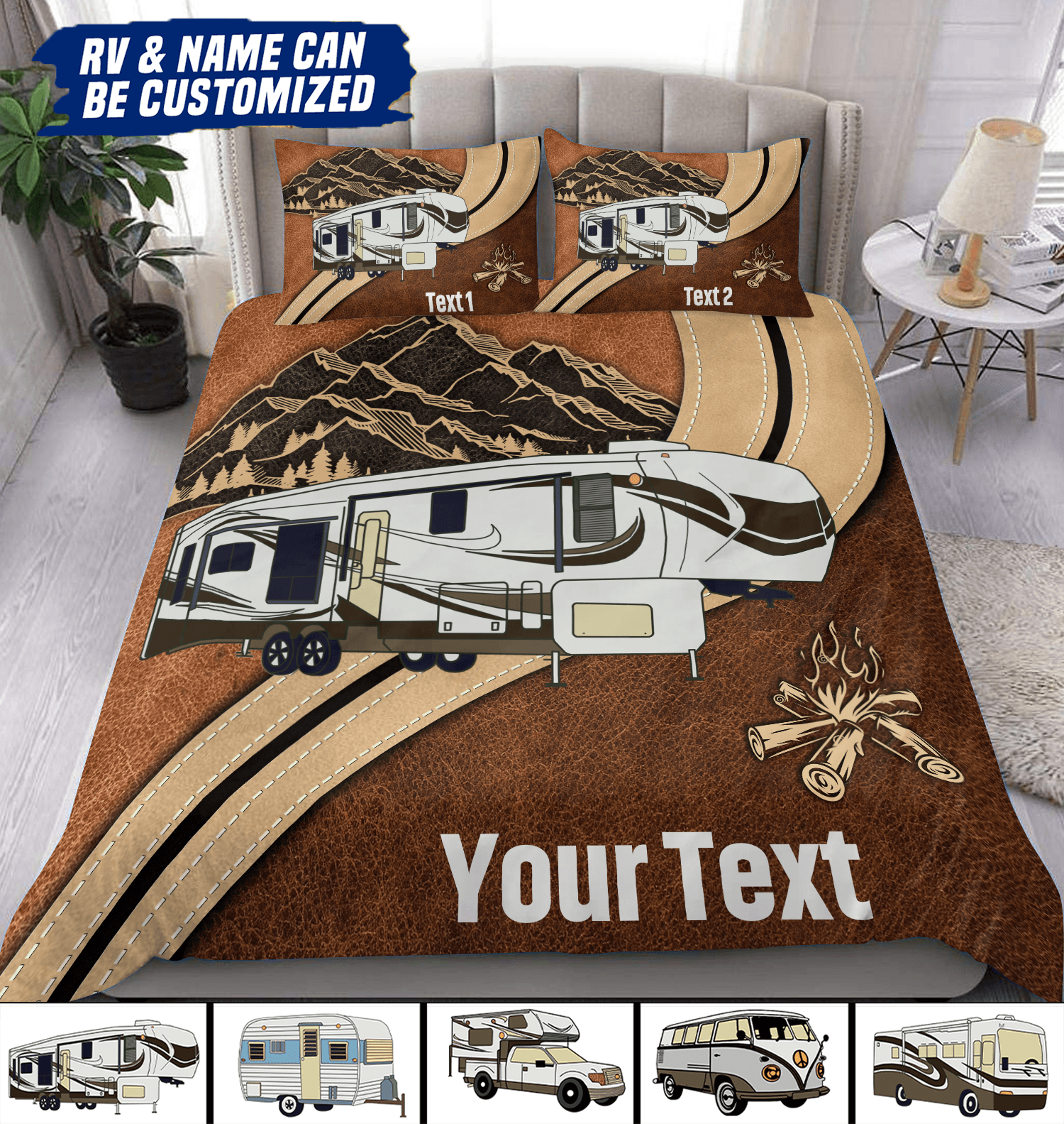 Camping Wavy All Brown Personalized Bedding Set, Personalized Gift for Camping Lovers - BD105PS08 - BMGifts