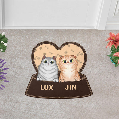 Cat Bowl And Heart Personalized Custom Shaped Doormat, Personalized Gift for Cat Lovers, Cat Mom, Cat Dad - CD027PS07 - BMGifts