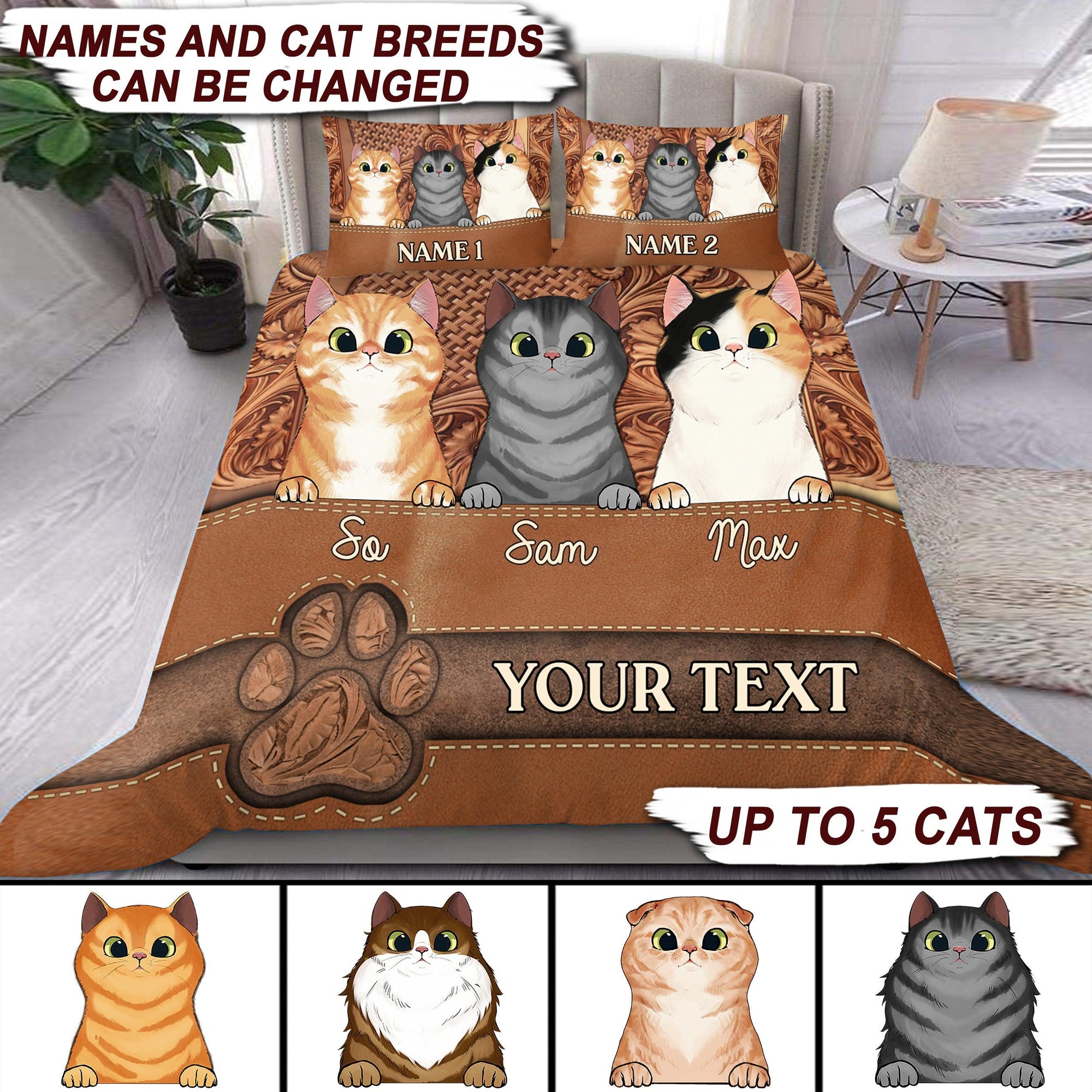 Cat Brown Vintage Personalized Bedding Set, Personalized Gift for Cat Lovers, Cat Mom, Cat Dad - BD037PS08 - BMGifts (formerly Best Memorial Gifts)
