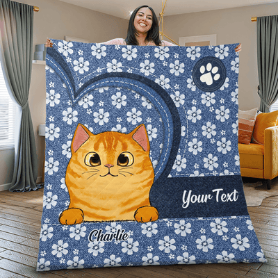 Cat Daisy Denim Personalized Blanket & Quilt, Personalized Mother’s Day Gift for Cat Lovers, Cat Dad, Cat Mom - QB016PS05 - BMGifts