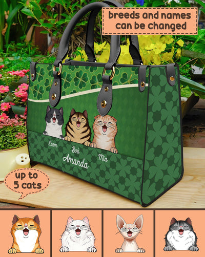 Cat Green Four Leaf Clover Patterned Personalized Leather Handbag, Personalized Gift for Cat Lovers, Cat Mom, Cat Dad - LD047PS07 - BMGifts