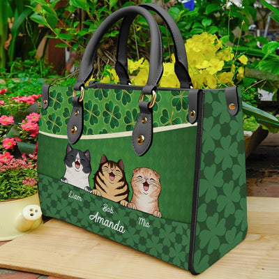 Cat Green Four Leaf Clover Patterned Personalized Leather Handbag, Personalized Gift for Cat Lovers, Cat Mom, Cat Dad - LD047PS07 - BMGifts