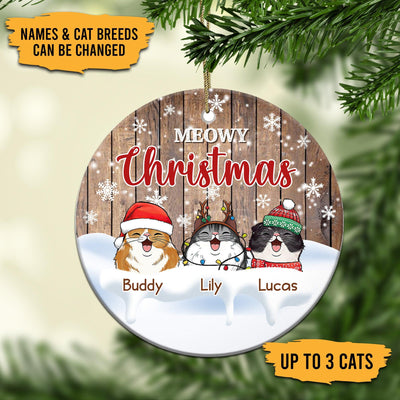 Cat Meowy Christmas Personalized Round Ornament, Personalized Gift for Cat Lovers, Cat Mom, Cat Dad - RO006PS08 - BMGifts