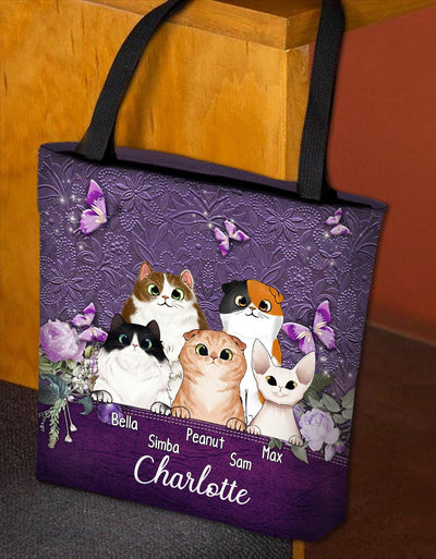 Cat Purple Roses And Butterflies Personalized Tote Bag, Personalized Gift for Cat Lovers, Cat Mom, Cat Dad - TO076PS07 - BMGifts