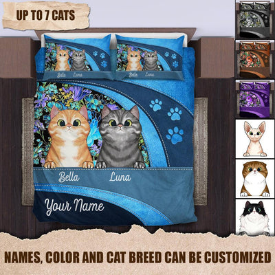 Cats In Colorful Flower Background Dog Personalized Bedding Set, Personalized Gift for Cat Lovers, Cat Dad, Cat Mom - BD100PS01 - BMGifts