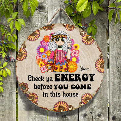 Check Ya Yoga Energy Personalized Round Wooden Sign, Personalized Gift for Hippie Life, Hippie Lovers - WD009PS01 - BMGifts (formerly Best Memorial Gifts)