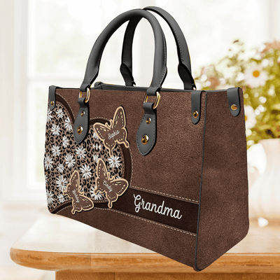 Daisy Leopard Pattern Grandma Personalized Leather Handbag, Mother’s Day Gift for Nana, Grandma, Grandmother, Grandparents - LD109PS02 - BMGifts