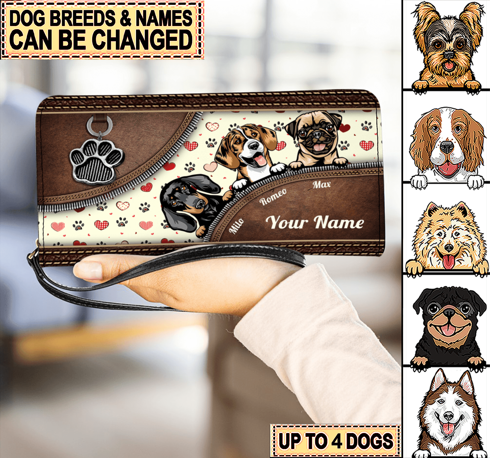 Brown Flowers Background Dog Personalized Clutch Purse, Personalized Gift  For Dog Lovers, Dog Dad, Dog Mom -