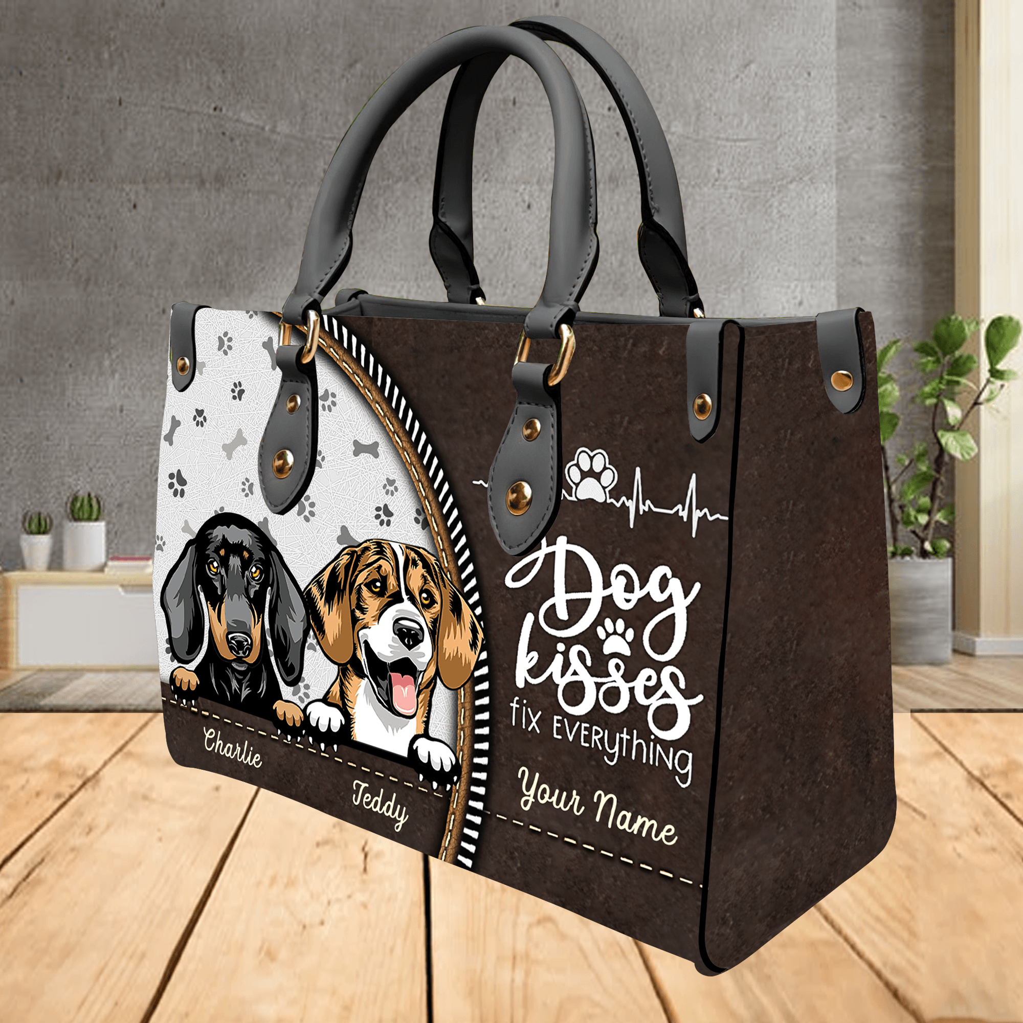 Dog Kisses Fix Everything Dog Personalized Leather Handbag, Gift for Dog Lovers, Dog Dad, Dog Mom - LD108PS02 - BMGifts