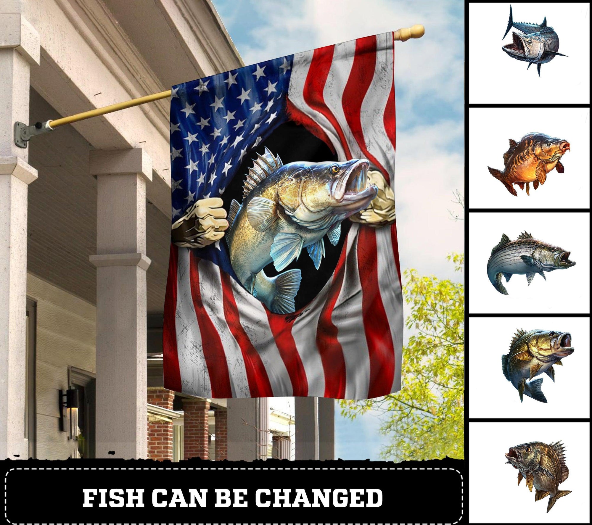 Fishing American Flag With Fish Personalized Flag, Personalized Gift for Fishing Lovers - GA001PS07 - BMGifts