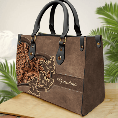 Grandma Brown Butterfly Personalized Leather Handbag, Personalized Gift for Nana, Grandma, Grandmother, Grandparents - LD001PS07 - BMGifts