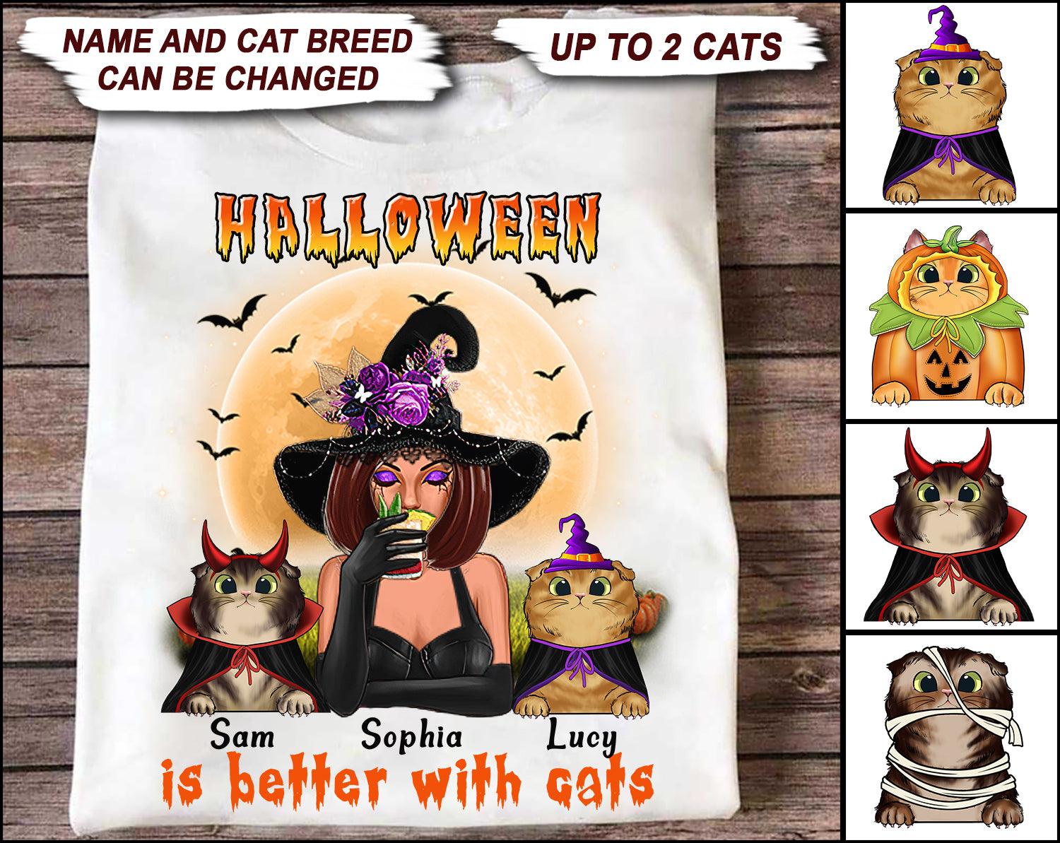 Halloween Is Better With Cats Personalized Shirt, Halloween Gift, Personalized Gift for Cat Lovers, Cat Mom, Cat Dad - TS257PS - BMGifts