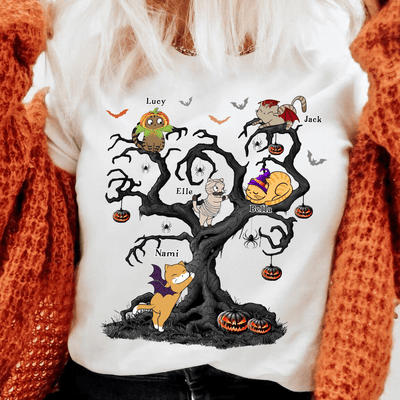 Halloween Tree Cat Personalized Shirt, Halloween Gift, Personalized Gift for Cat Lovers, Cat Mom, Cat Dad - TS449PS02 - BMGifts