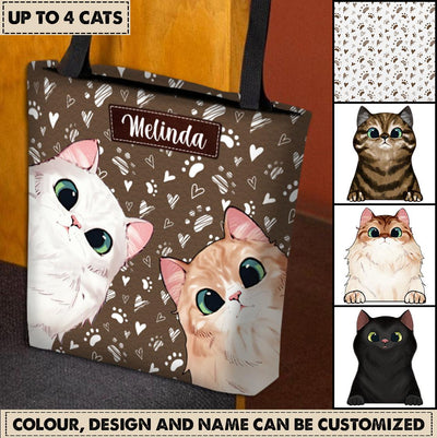 Happy Peekaboo Cat Personalized Totebag, Personalized Gift for Cat Lovers, Cat Mom, Cat Dad - TO498PS06 - BMGifts