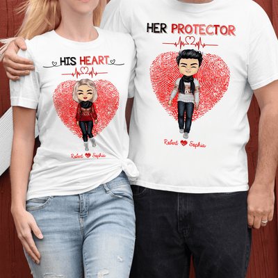 His Heart Her Protector Couple Personalized Couple T-shirts, Valentine Gift for Couples, Husband, Wife, Parents, Lovers - SS006PS02 - BMGifts