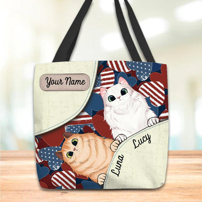 July 4th Heart Pattern Cat Personalized Totebag, Personalized Gift for Cat Lovers, Cat Mom, Cat Dad - TO496PS06 - BMGifts