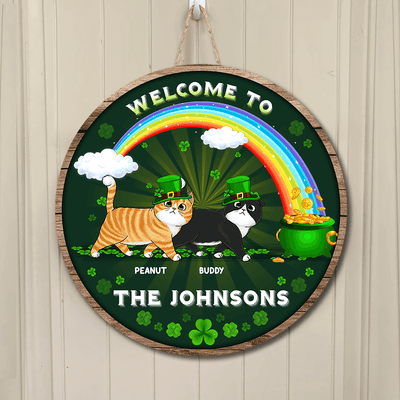 Lucky Cats With Rainbow Cat Personalized Round Wooden Sign, Personalized St. Patrick's Day Gift for Cat Lovers, Cat Dad, Cat Mom - WD011PS01 - BMGifts