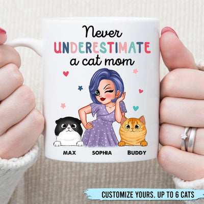 Never Underestimate A Cat Mom Cat Personalized Mug, Personalized Gift for Cat Lovers, Cat Dad, Cat Mom - MG102PS01 - BMGifts