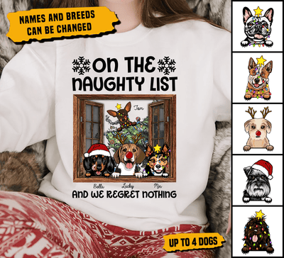 On The Naughtylist And We Regret Nothing Dogs Personalized T-shirt, Christmas Gift, Personalized Gift for Dog Lovers, Dog Dad, Dog Mom - TS046PS05 - BMGifts