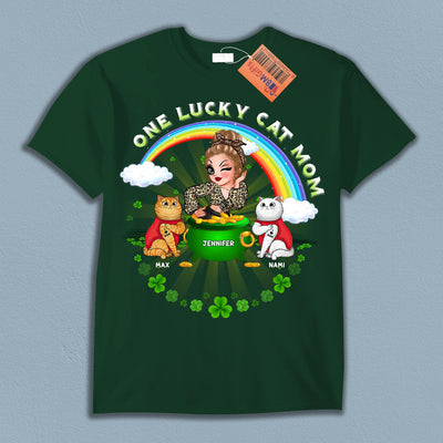 One Lucky Cat Mom Cat Personalized Shirt, Personalized St Patrick's Day Gift for Cat Lovers, Cat Dad, Cat Mom - TS577PS01 - BMGifts