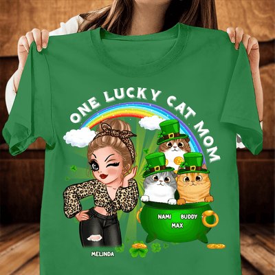 One Lucky Cat Mom Cat Personalized Shirt, Personalized St Patrick's Day Gift for Cat Lovers, Cat Dad, Cat Mom - TS614PS01 - BMGifts