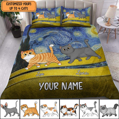 Starry Night Cat Personalized Bedding Set, Personalized Gift For Cat Lovers, Cat Dad, Cat Mom - BD001PS12 - BMGifts