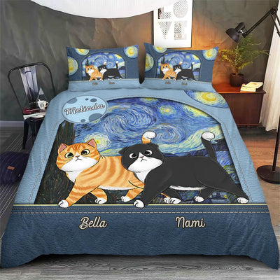 Starry Night Pattern Cat Personalized Bedding Set, Personalized Gift for Cat Lovers, Cat Dad, Cat Mom - BD005PS13 - BMGifts