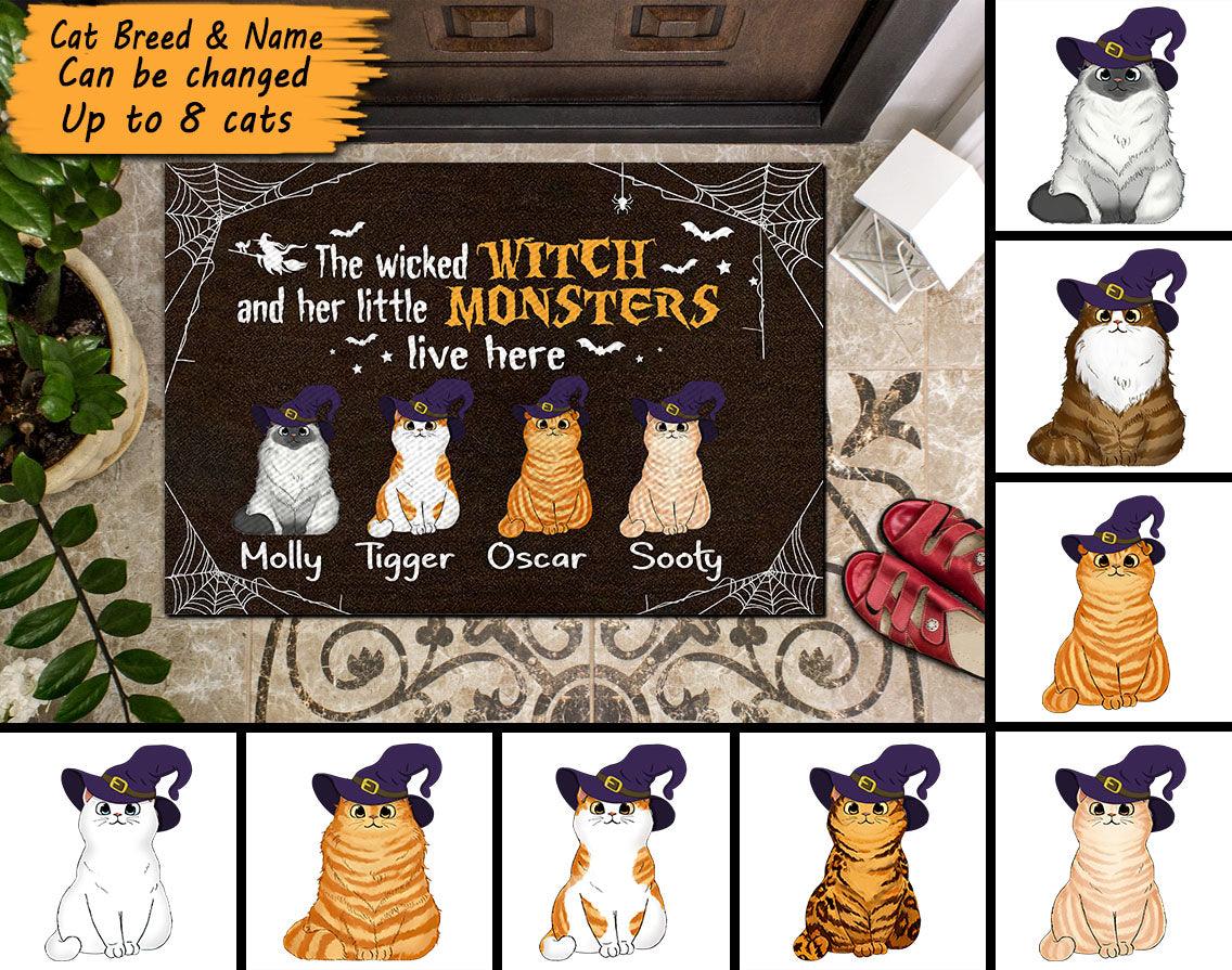 Wicked Witch And Little Monsters Cats Personalized Doormat, Halloween Gift, Personalized Gift for Cat Lovers, Cat Mom, Cat Dad - DM027PS - BMGifts