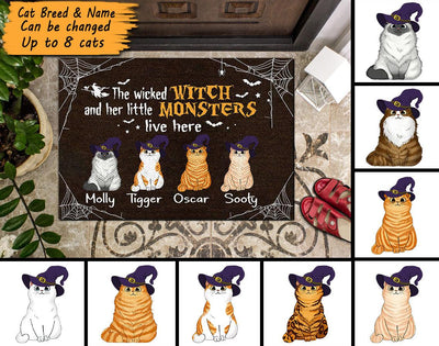 Wicked Witch And Little Monsters Cats Personalized Doormat, Halloween Gift, Personalized Gift for Cat Lovers, Cat Mom, Cat Dad - DM027PS - BMGifts