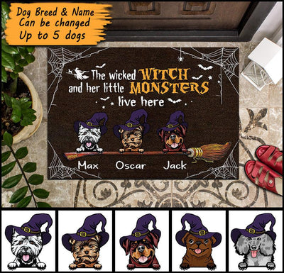 Wicked Witch And Little Monsters Dogs Personalized Doormat, Halloween Gift, Personalized Gift for Dog Lovers, Dog Dad, Dog Mom - DM028PS - BMGifts